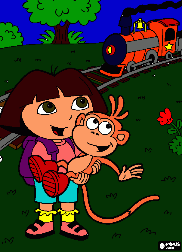 A DORA COM O BOTAS VENDO O TREM PASSAR FUMEGANDO para colorir e imprimir