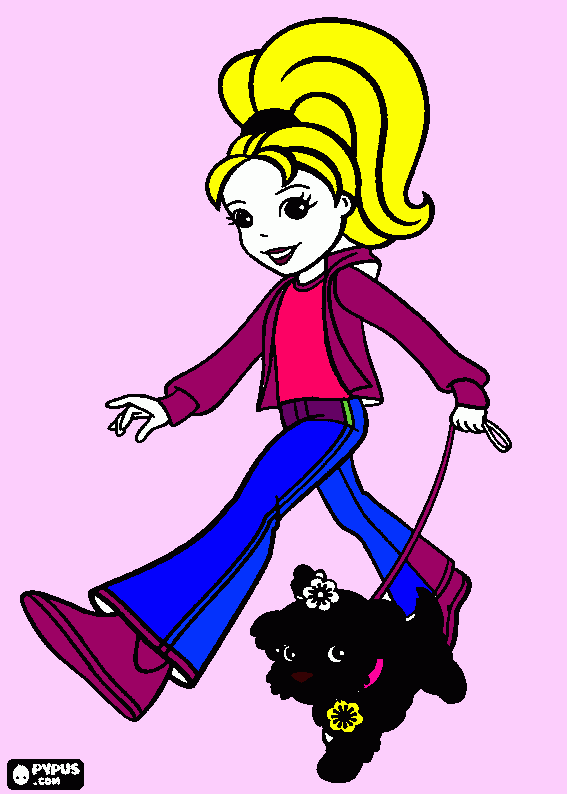 A Polly e o cachorro andando na rua para colorir e imprimir