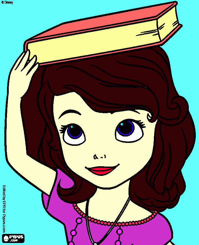 a princesa sofia com um livro na cabesa para colorir e imprimir