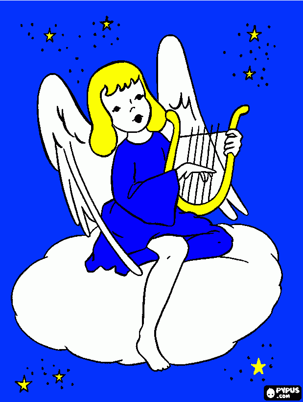 anjo tocando arpa para colorir e imprimir