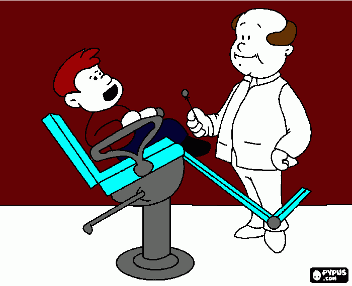 Dentista tratando dos dentes de um menino para colorir e imprimir