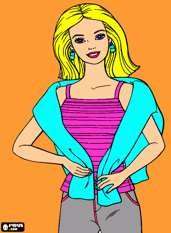 desenho de Bonita Barbie com uma T-shirt e uma camisola nas costas para colorir e imprimir