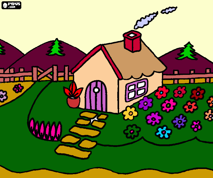 Desenho para colorir de uma bela casa de campo e jardim · Creative Fabrica