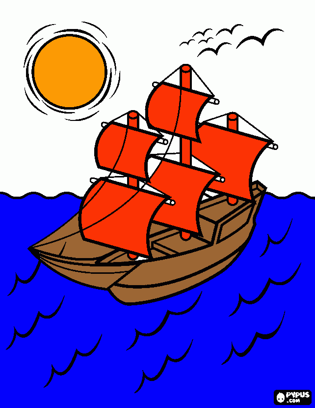 desenho de grande barco a vela velejando ao põr do sol                                                        para colorir e imprimir