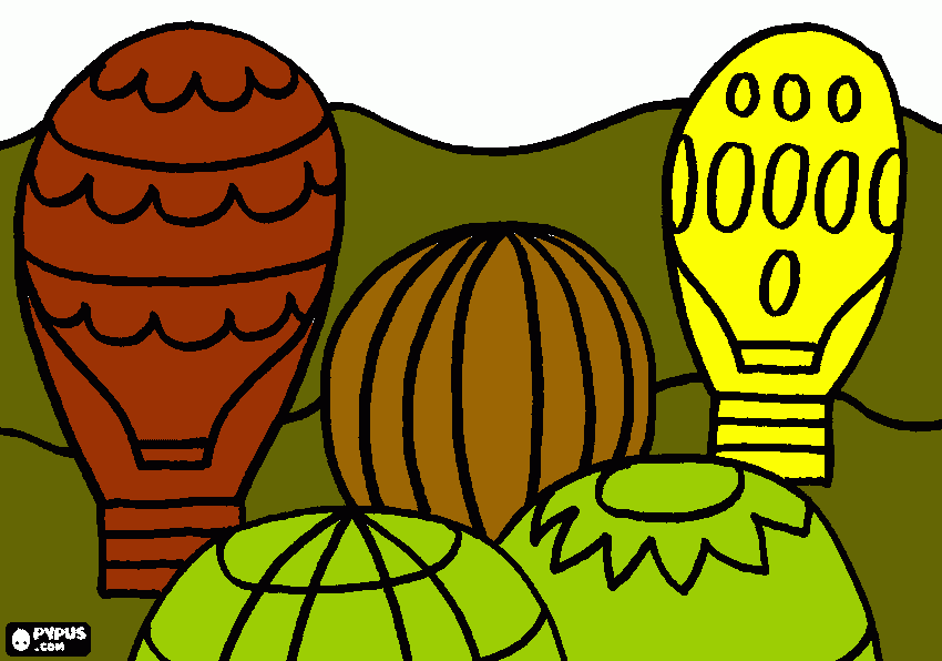 desenho de grupo de baloes sobrevoando as montanhas  para colorir e imprimir