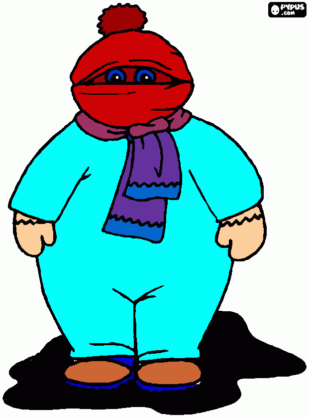 desenho de uma criansa com um monte de roupa quente para se proteger do frio do inverno para colorir e imprimir