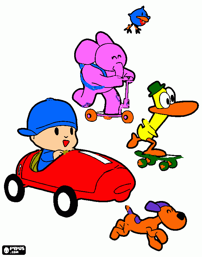 desenho do pocoyo e seus amigos em veículos para colorir e imprimir