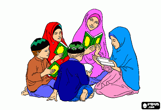 familia estudando Quran para colorir e imprimir