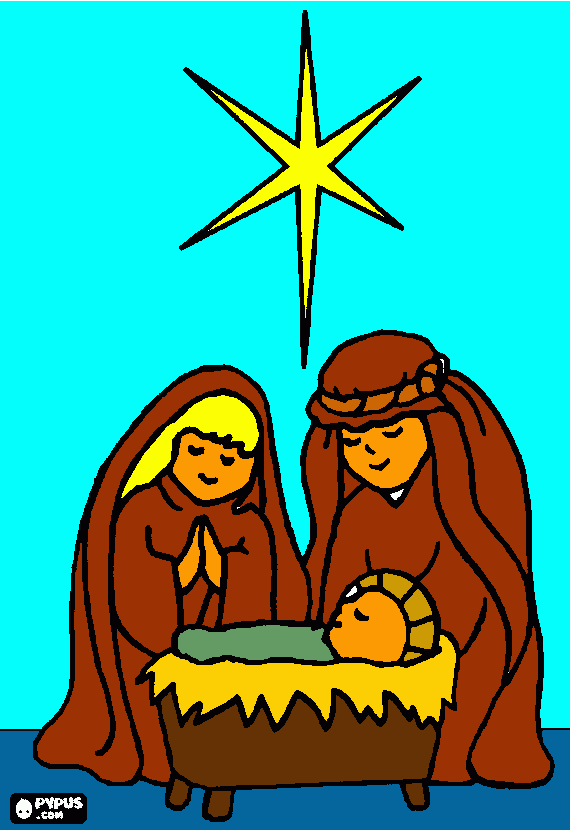 Jesus com sua Mãe e uma mulher com uma estrela no céu para colorir e imprimir