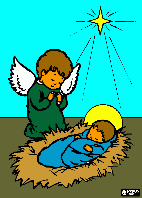 Jesus dormindo com um anjo ao seu lado e uma estrela no céu para colorir e imprimir