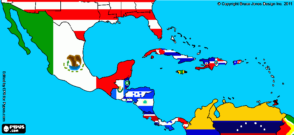 Mapa da América Central com bandeiras para colorir e imprimir