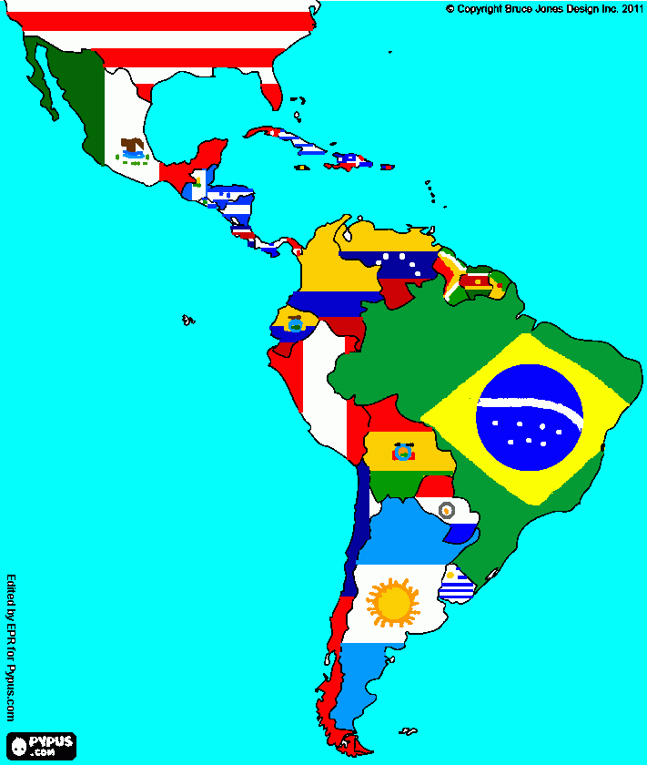 Mapa da América Latina com bandeiras para colorir e imprimir