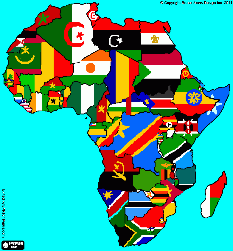 Mapa de África com bandeiras para colorir e imprimir