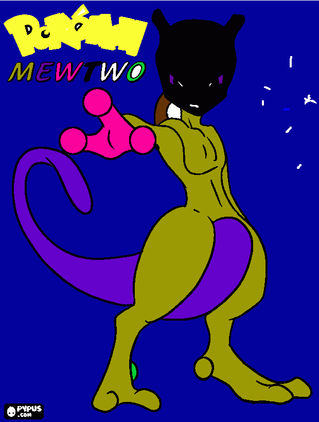 o NOME DELE é MEWTWO DOURADO ELE É O POKÉMON MAIS FORTE DO MUNDO E ELE TEM UM AMIGO CHAMADO DE MEW ELES SÃO MUITOS FORTES E O MEWTWO É FEMEA  para colorir e imprimir