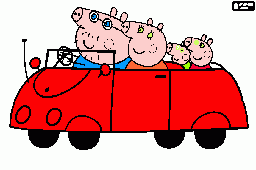 peppa  pig  familia no carro para colorir e imprimir