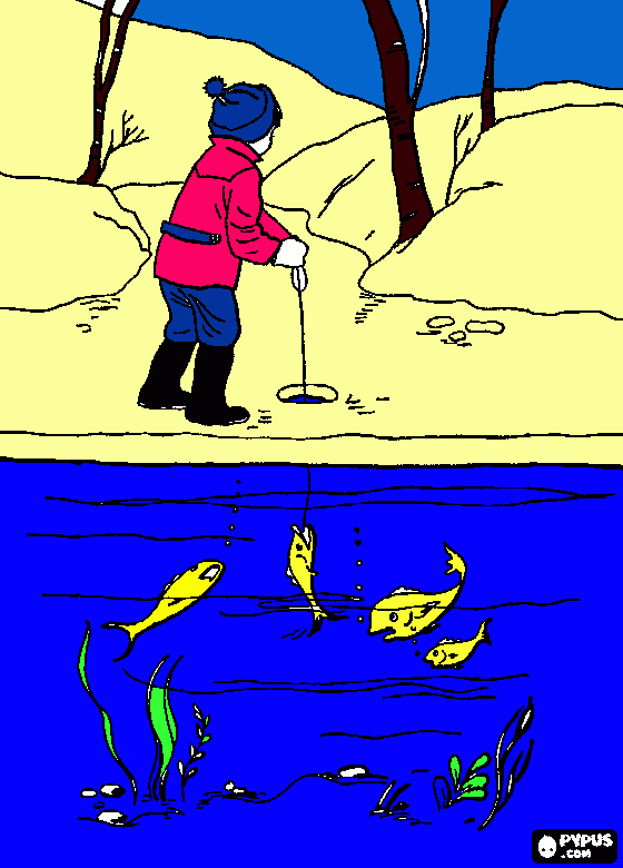 um menino pescando em um rio congelado para colorir e imprimir