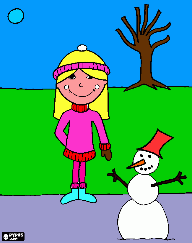 uma menina com um boneco de neve para colorir e imprimir